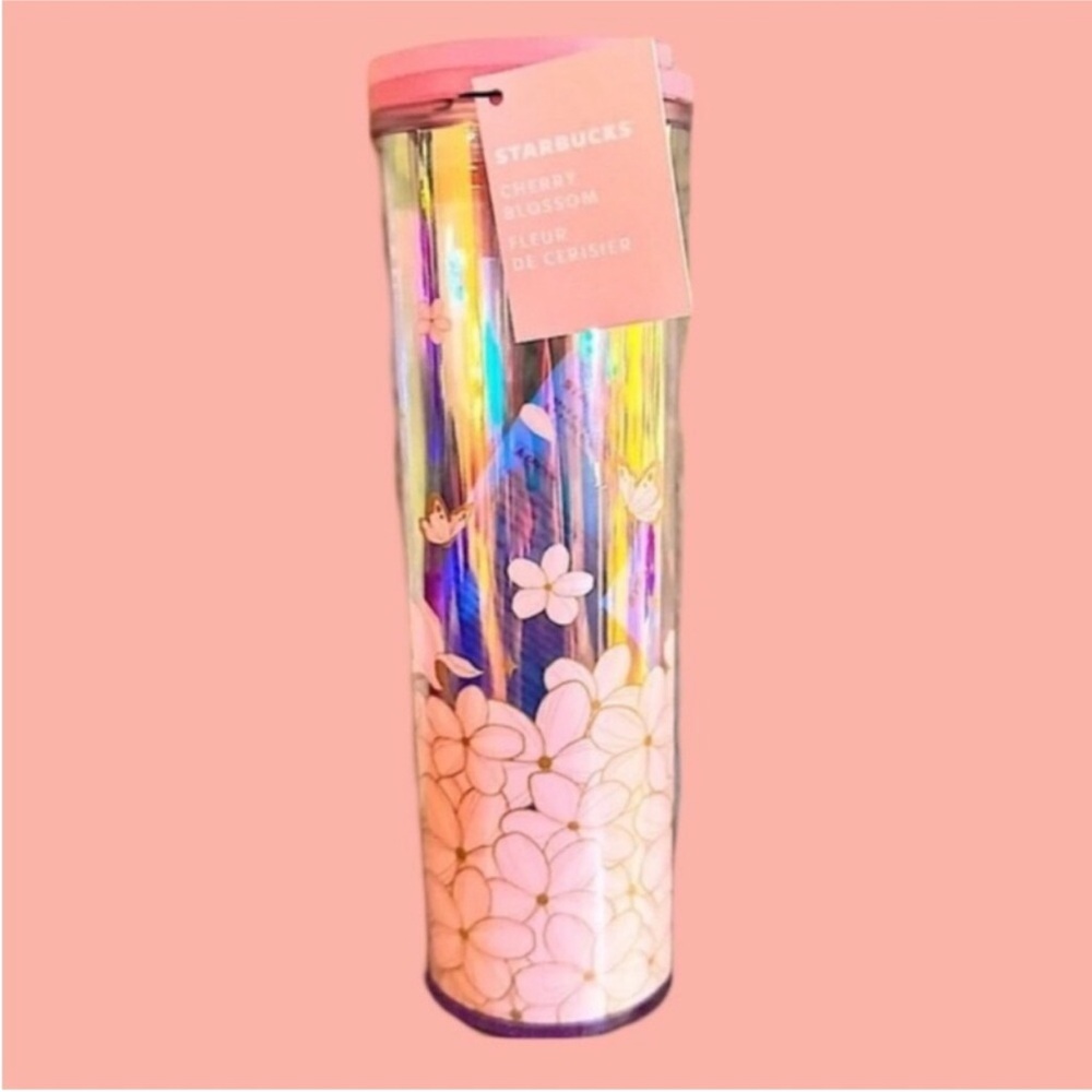 Starbucks Pink Reflective Cherry Blossom plastic floral Tumbler 16oz NWT